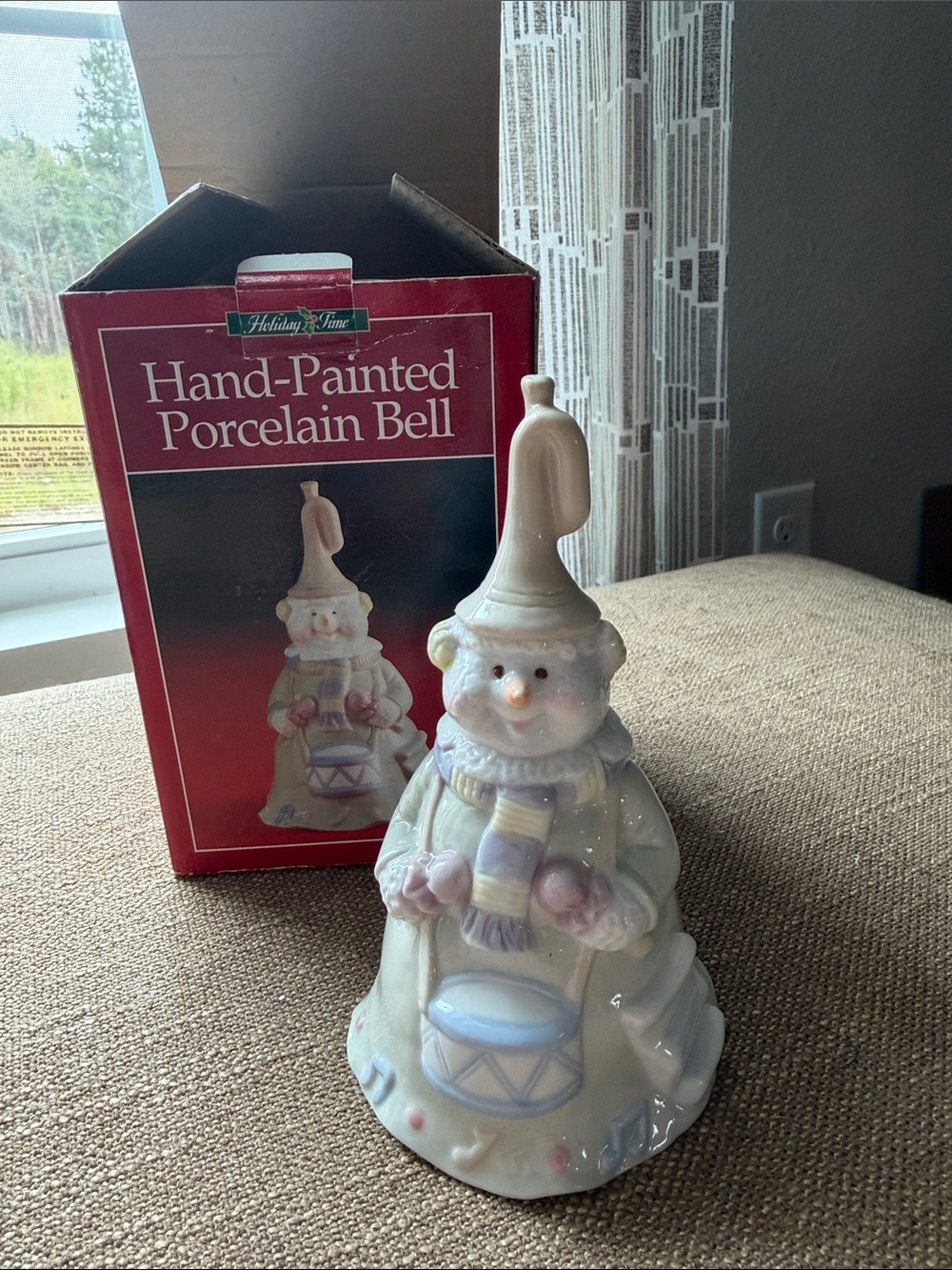 Holiday Time Hand-Painted Porcelain Snowman Bell - White with Pastel Accents